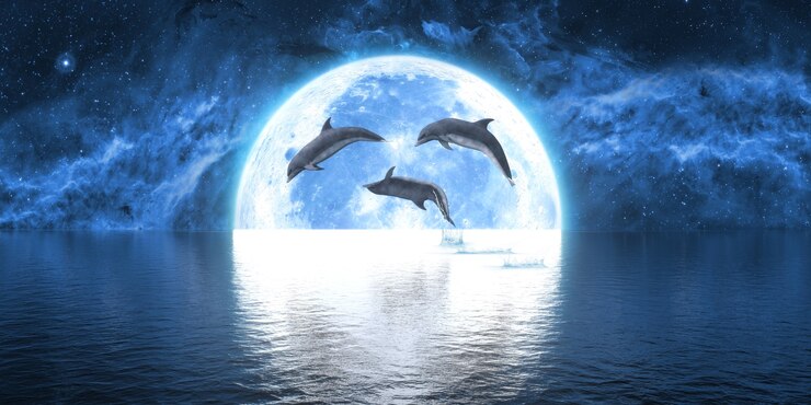 Foto gruppe von delfinen, die aus dem wasser gegen den hintergrund des großen mondes, 3d illustration springen