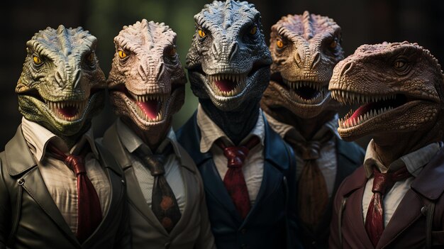 Foto gruppe von dinosauriern in einem geschäftsanzug generative ai