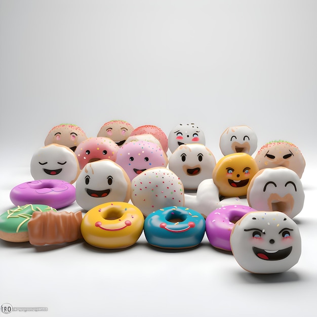 Gruppe von Donuts mit Zuckerguss und Streuseln, 3D-Illustration