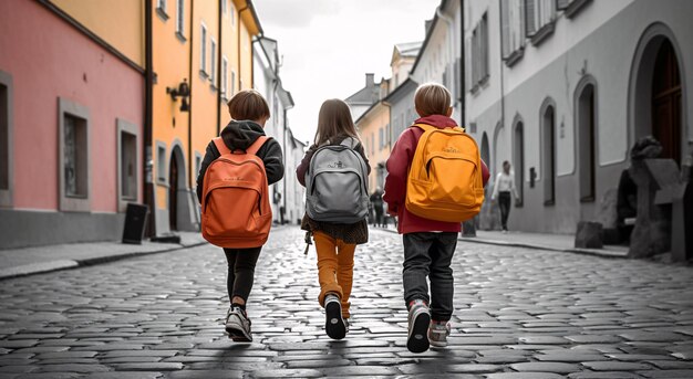 Gruppe von drei glücklichen Kindern, die mit Rucksäcken eine malerische Kopfsteinpflasterstraße entlang gehen Generativ...