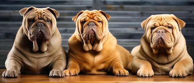 Gruppe von drei niedlichen Shar-Pei-Hunden vor einer Holzwand