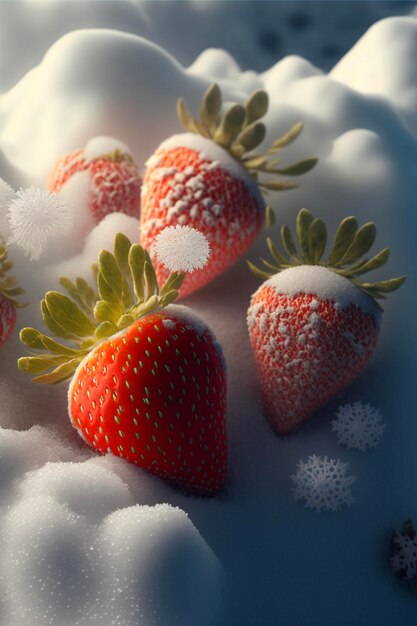 Gruppe von Erdbeeren, die auf schneebedecktem Boden sitzen, generative ai