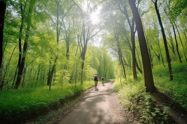 Gruppe von Fahrrädern mit Fahrradfahrer am Sonnenuntergang auf einer Waldstraße Aktives gesundes Sporthobby KI