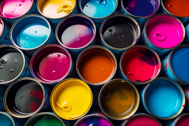 Foto gruppe von farbdosen mit verschiedenen farben auf dem tisch generative ki