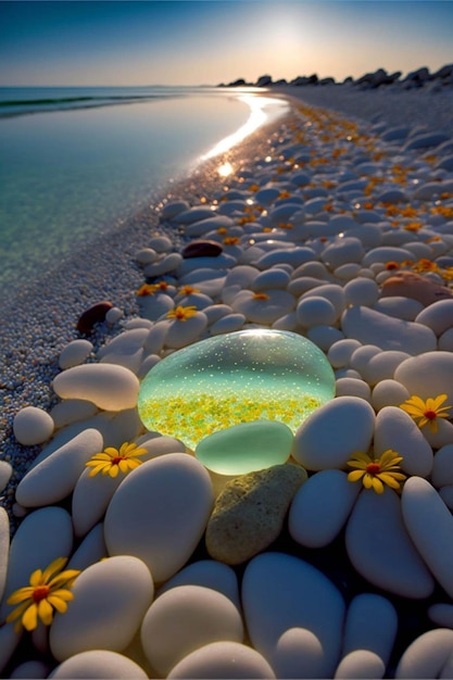 Gruppe von Felsen, die oben auf einem Strand neben einem Gewässer liegen, generative ai