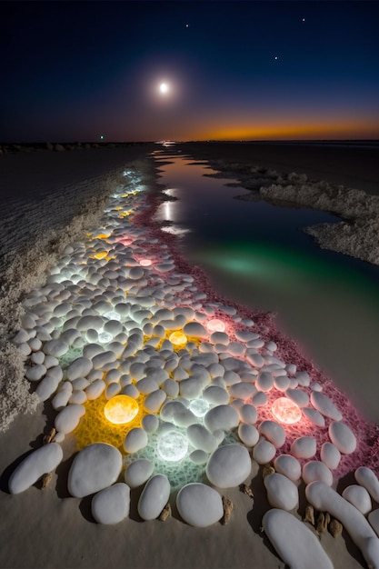 Gruppe von Felsen, die oben auf einem Strand neben einem Gewässer liegen, generative ai