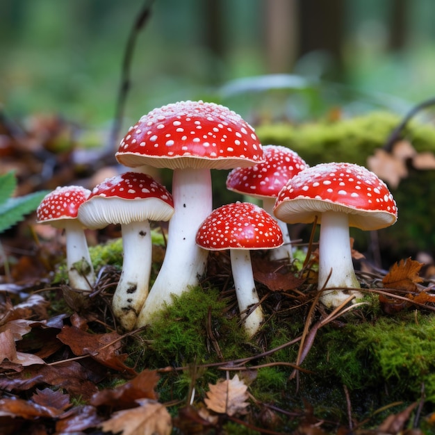 Gruppe von Fliegenpilzen, die zusammen im Wald sitzen