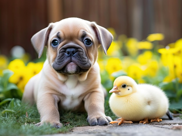 Gruppe von französischen Bulldoggen-Hündchen und Entenfoto