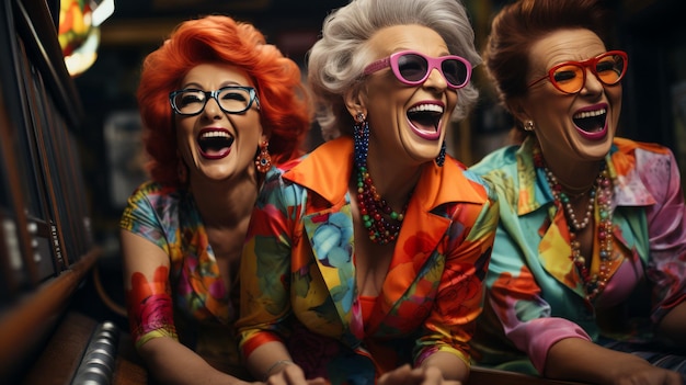 Foto gruppe von frauen in farbenfroher kleidung und sonnenbrille