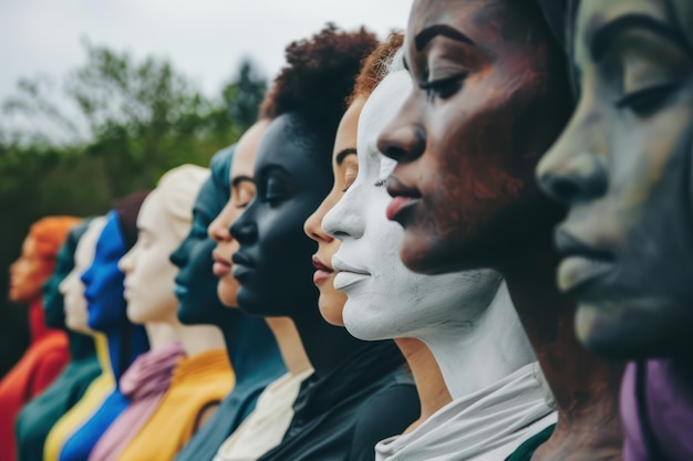 Gruppe von Frauen mit bemalten Gesichtern verschiedener Nationalitäten in einer Reihe Vielfalt