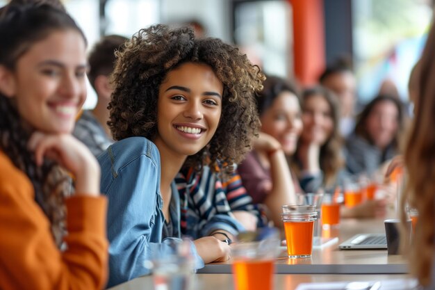 Gruppe von Frauen sitzt an einem Tisch mit Getränken Generative KI