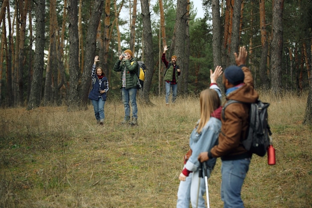 Gruppe von Freunden auf einem Camping- oder Wanderausflug am Herbsttag