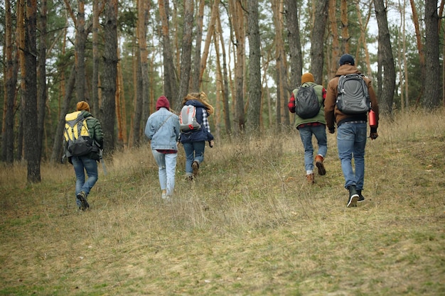 Gruppe von Freunden auf einem Camping- oder Wanderausflug am Herbsttag