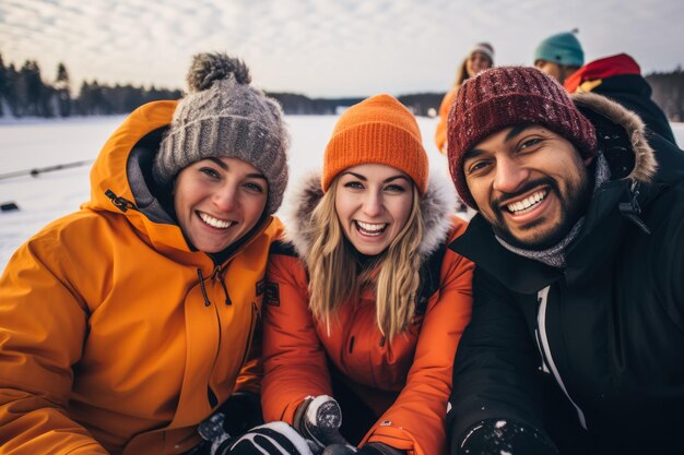 Gruppe von Freunden beim Eisfischen auf einem zugefrorenen See, alle in gemütlichen Pullovern