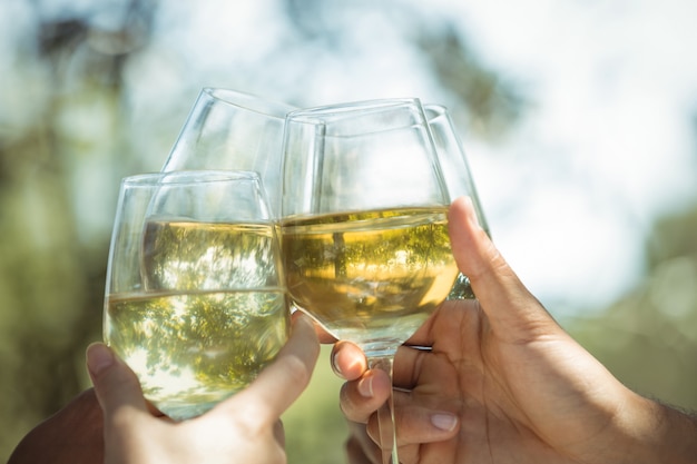 Gruppe von Freunden, die Champagnergläser in einem Restaurant rösten