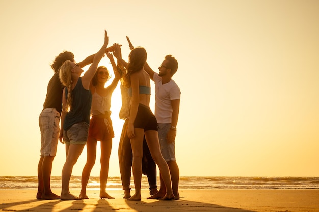 Gruppe von Freunden, die den Sonnenuntergang in Goa Indien hoch fünf genießen