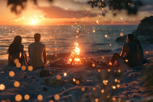 Gruppe von Freunden, die ein Strandfeuer mit Funken machen