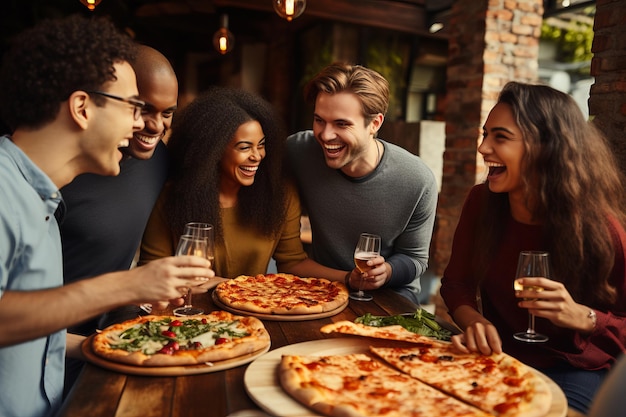 Gruppe von Freunden, die Pizza essen