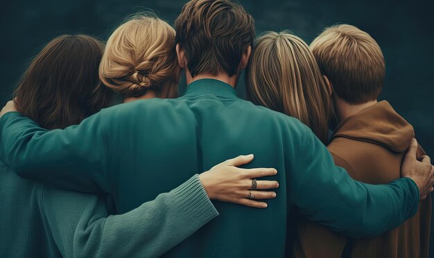 Foto gruppe von freunden, die sich umarmt, isoliert gegen weiße