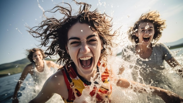 Gruppe von Freunden im Urlaub am Meer, umgeben von der Gischt der Wellen