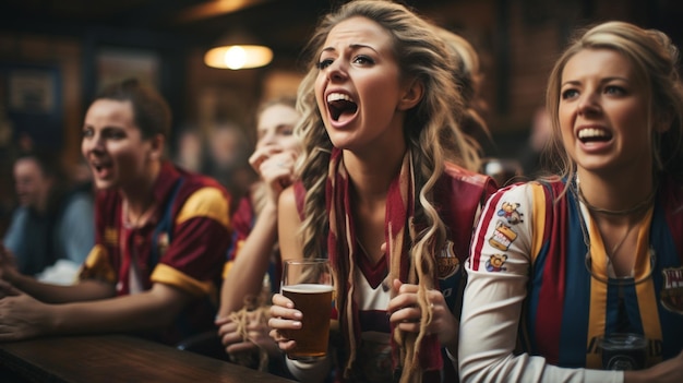 Gruppe von Freunden jubelt einem Fußballspiel in der Kneipe zu. Hochwertiges Foto