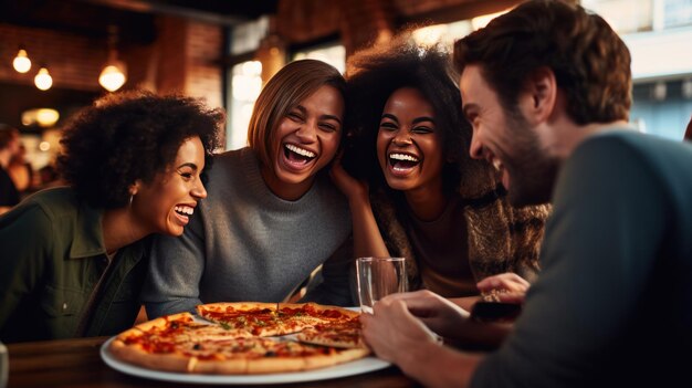 Gruppe von Freunden versammelt sich um einen Tisch, jeder hält ein Stück Pizza mit einem großen Lächeln auf dem Gesicht
