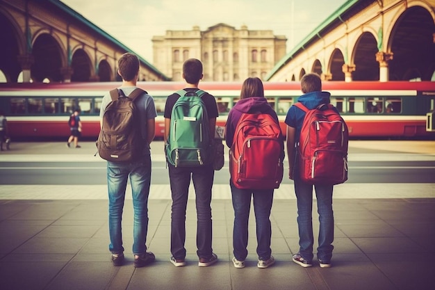 Gruppe von Freunden wartet auf den Zug auf dem Bahnsteig der U-Bahn-Station