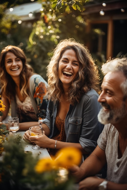 Gruppe von Freunden zwischen 55 und 60 Jahren, die im Garten oder vor der Bar Spaß haben