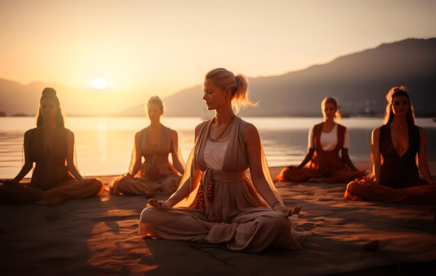 Foto gruppe von freundinnen übt yoga am strand bei sonnenuntergang meditation