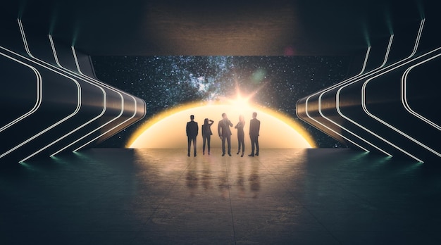 Gruppe von Geschäftsleuten in einer abstrakten Kosmos-Ausstellung im dunklen, futuristischen Innenraum. Galeriekonzept