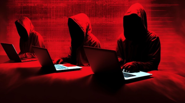 Gruppe von Hackern mit einem Laptop auf rotem Hintergrund
