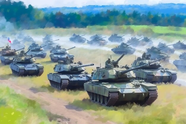 Gruppe von Hauptkampftanks mit einer brennenden Stadt im Hintergrund Ein Tank, der eine Granate aus dem Lauf abfeuert Militär- oder Armee-Sonderoperation Neuralnetzwerk KI generiert