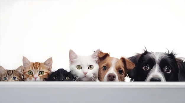 Gruppe von Haustieren vor weißem Hintergrund Fokus auf Hund