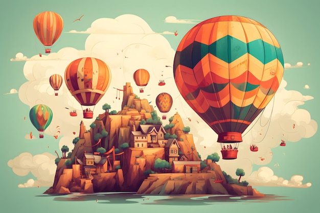 Gruppe von Heißluftballons, die über eine kleine Insel am Himmel fliegen. Generative KI