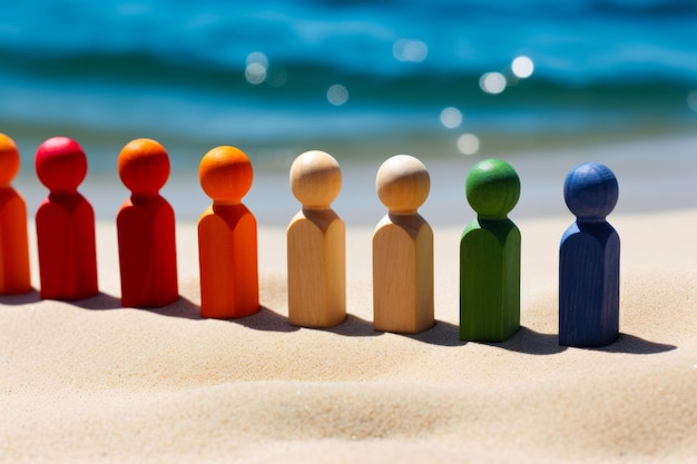 Foto gruppe von holzmenschen, die im sand am strand stehen generative ki