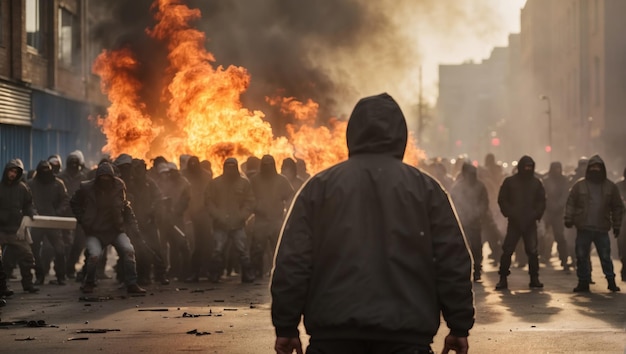 Gruppe von Hooligans in Kapuzen schaffen Störungen auf der Straße, die von KI generiert werden