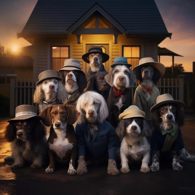 Gruppe von Hunden mit Hemden und Hüten mit einem Haus und Dämmerung im Hintergrund generiert ai