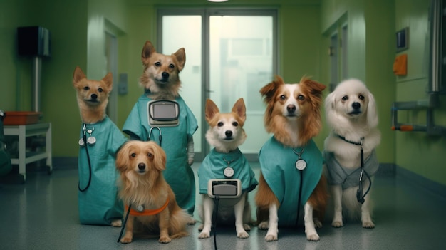 Gruppe von Hunden trägt Krankenschwesteruniform