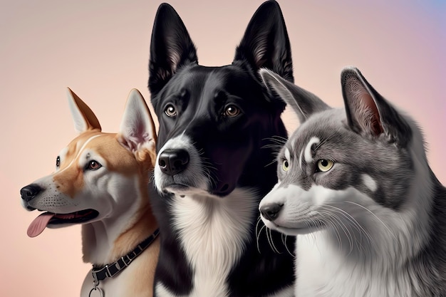 Gruppe von Hunden und Katzen mit pastellfarbenem Hintergrund. Generiert von AI