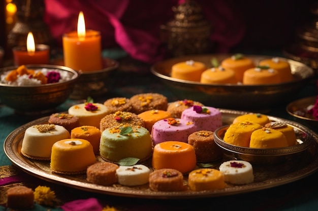 Foto gruppe von indischen sorten von süßigkeiten oder mithai mit diya ar c