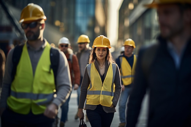 Gruppe von Ingenieuren und Bauunternehmern mit gelben Hut auf einer Baustelle