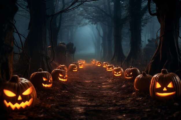 Gruppe von Jack-O-Lantern-Kürbissen im Wald Halloween-Hintergrund