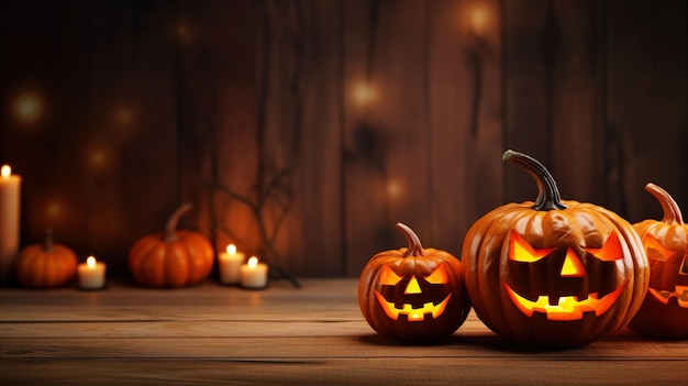 Gruppe von Jackolantern-Kürbiskerzen mit einem Platz für Text Halloween-Hintergrund Generative KI