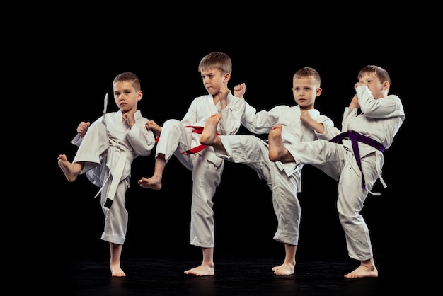 Gruppe von jungen Kindern, die Kampfkunstkarate trainieren, isoliert über schwarzem Studiohintergrund Sportlicher Lebensstil