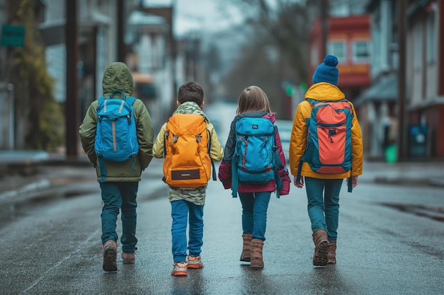 Gruppe von Kindern, die die Straße entlang gehen