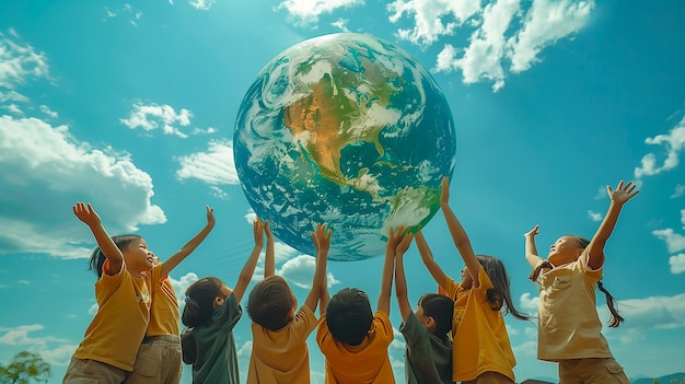 Gruppe von Kindern, die eine Erde für Grönland und den Tag der Erde in Einheit und Bewusstsein hochhalten