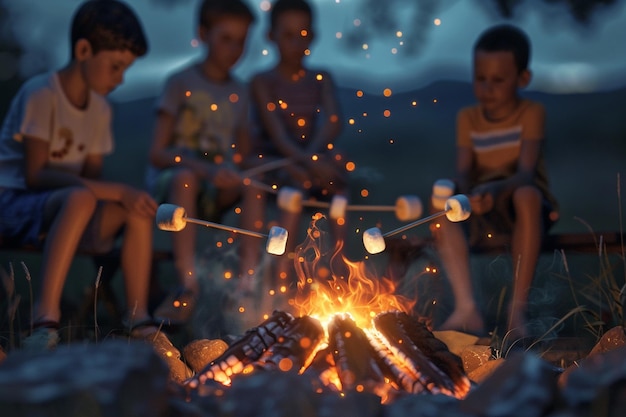 Gruppe von Kindern, die Marshmallows braten und Smo