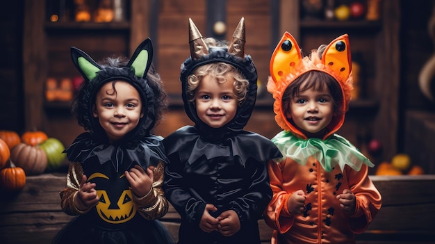 Gruppe von Kindern in Halloween-Kostümen, die auf unscharfem Raumhintergrund posieren