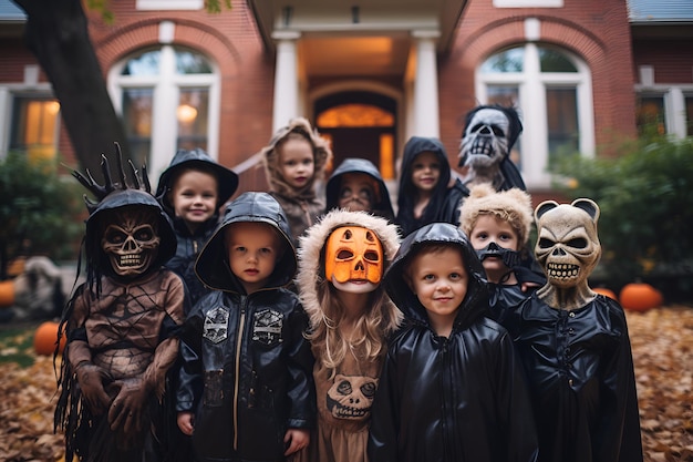 Gruppe von Kindern in Kostümen während einer Halloween-Party in der Nähe eines modernen Hauses