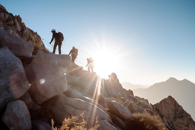 Gruppe von Klettern in den Sonnenstrahlen im Konzept der aktiven Extremsportarten auf dem Berg